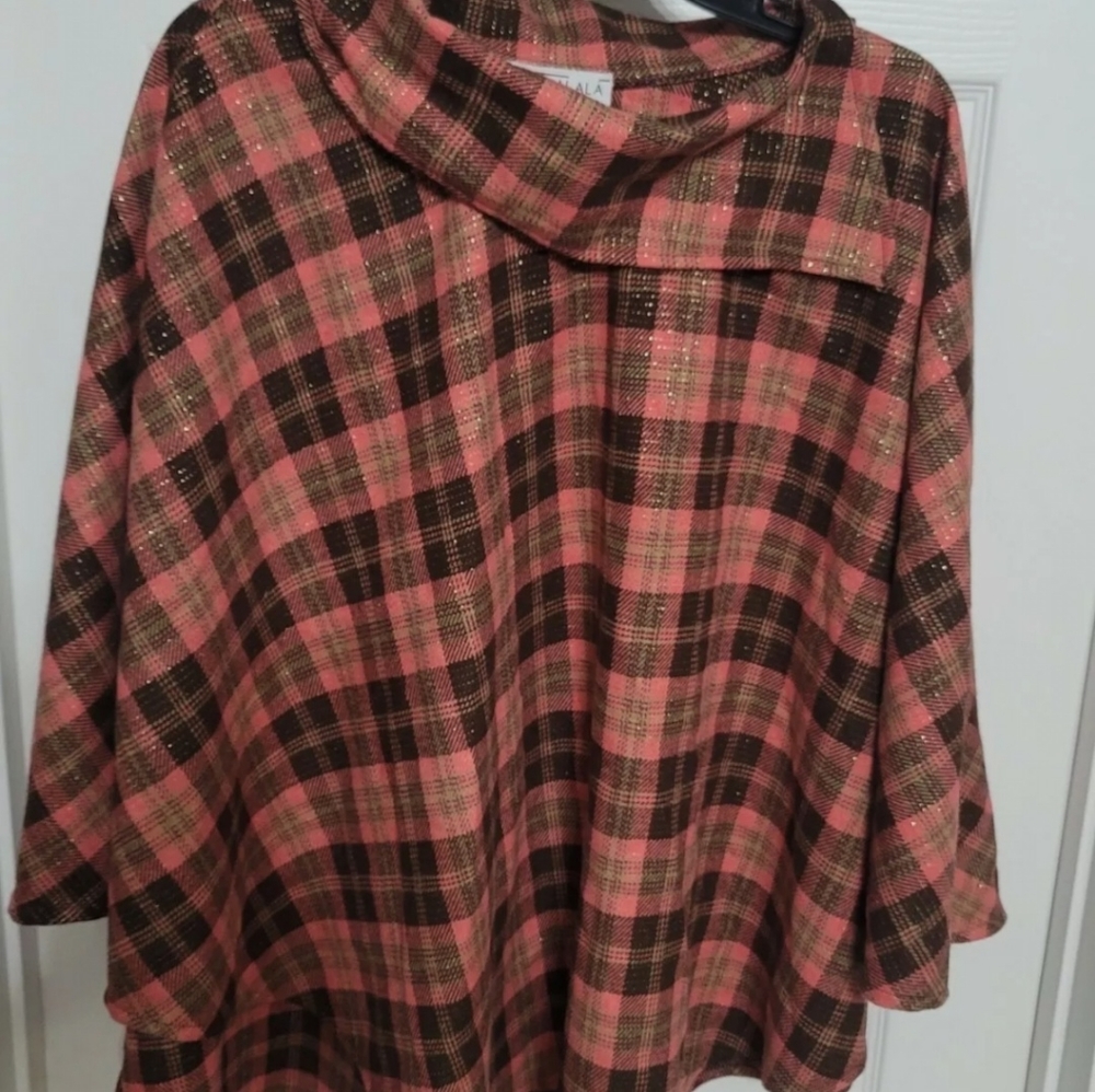 Eva Tralala Paris Cape Olita Poncho Pink/Brown/Gold Plaid One Size